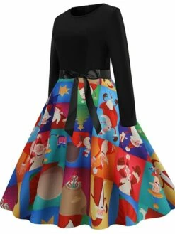 Women's Christmas Swing Dress Vintage Dress Midi Dress Green Blue Light Green Long Sleeve Santa Claus Bow Winter Fall Autumn Crew Neck Fashion Daily Date 2022 S M L XL XXL 3XL -LIGHTINTHEBOX Shop arzlnr1667894614890