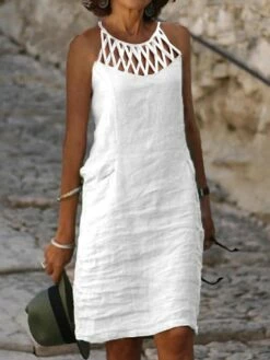 Women's Casual Dress Cotton Linen Dress Shift Dress Mini Dress Cotton Blend Modern Casual Outdoor Daily Vacation Halter Ruched Hollow Out Sleeveless Summer Spring 2023 Regular Fit Black White Blue