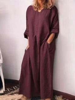 Women's Casual Dress Cotton Linen Dress Black Dress Maxi Long Dress Linen / Cotton Blend Fashion Daily Outdoor Daily Vacation Crew Neck Button Pocket 3/4 Length Sleeve Fall Autumn 2023 Loose Fit -LIGHTINTHEBOX Shop atqaol1693202320493