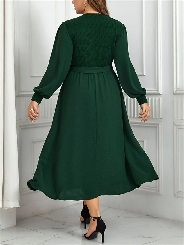 Women's Plus Size Curve Casual Dress Sheath Dress Plain Midi Dress Long Sleeve Lace Up Split V Neck Fashion Outdoor Green Fall Winter XL XXL 3XL 4XL 5 Women's Plus Size Curve Casual Dress Sheath Dress Plain Midi Dress Long Sleeve Lace Up Split V Neck Fashion Outdoor Green Fall Winter XL XXL 3XL 4XL - Image 3