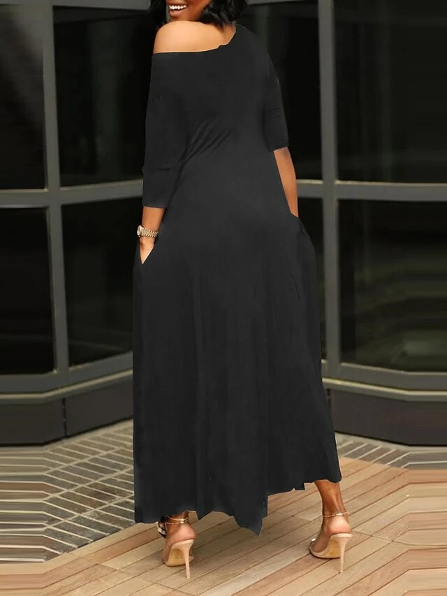 Women's Work Dress Black Dress White Dress Fashion Long Dress Maxi Dress Ruched Pocket One Shoulder 3/4 Length Sleeve Plain Regular Fit Black White Pink Fall S M L XL XXL 6 Women's Work Dress Black Dress White Dress Fashion Long Dress Maxi Dress Ruched Pocket One Shoulder 3/4 Length Sleeve Plain Regular Fit Black White Pink Fall S M L XL XXL - Image 4