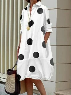 Women's Shirt Dress Casual Dress Midi Dress Outdoor Office Daily Cotton Fashion Modern Shirt Collar Button Pocket 3/4 Length Sleeve Summer Spring Fall 2023 Regular Fit White Polka Dot S M L XL XXL