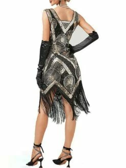 Women's Retro 1920s Fringe Dress Midi Dress Party Halloween Sequins Tassel Fringe Geometric V Neck Sleeveless Regular Fit Spring Fall 2023 Black Red XS S M L -LIGHTINTHEBOX Shop auvhkl1692947259037