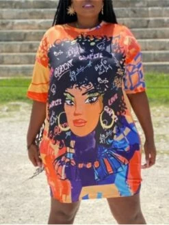 Women‘s Plus Size Curve Casual Dress T Shirt Dress Tee Dress Shift Dress Graphic Midi Dress Short Sleeve Print Crew Neck Fashion Daily Black Orange Spring Summer L XL XXL 3XL -LIGHTINTHEBOX Shop auwfbc1672900107958