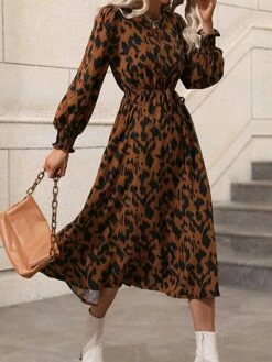 Women's Work Dress Casual Dress Swing Dress Fashion Daily Workfashion Midi Dress Print Crew Neck Long Sleeve Leopard Loose Fit Red Orange Fall Winter S M L XL -LIGHTINTHEBOX Shop avalra1695030990345