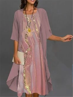 Women's Two Piece Dress Set Casual Dress Chiffon Dress Outdoor Daily Fashion Streetwear Print Midi Dress Crew Neck Half Sleeve Floral Ombre Regular Fit Pink Blue Purple Fall Winter S M L XL XXL