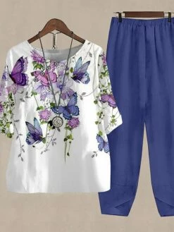 Women's Shirt Pants Sets Red Blue Green Butterfly Print Long Sleeve Casual Holiday Daily Basic Round Neck Regular Fit Fall & Winter