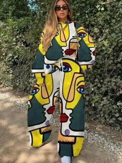 Women's Sweatshirt Pants Sets White Yellow Beige Printing Long Sleeve Daily Vacation Active Streetwear Crew Neck Loose Fit Fall & Winter -LIGHTINTHEBOX Shop avemlk1634379339447