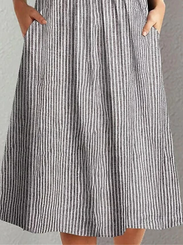 Women's Casual Dress Summer Dress Print Dress Stripe Ruched Pocket Crew Neck Midi Dress Active Fashion Outdoor Daily Short Sleeve Regular Fit Gray Summer S M L XL XXL 5 Women's Casual Dress Summer Dress Print Dress Stripe Ruched Pocket Crew Neck Midi Dress Active Fashion Outdoor Daily Short Sleeve Regular Fit Gray Summer S M L XL XXL - Image 3