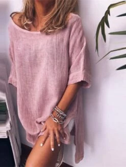 Women's Cotton Linen Dress A Line Dress Mini Dress Cotton Blend Casual Comfort Home Daily Crew Neck Rolled Cuff Half Sleeve Summer Spring Loose Fit White Pink Blue Pure Color S M L XL 2XL -LIGHTINTHEBOX Shop avpkoc1654067365761