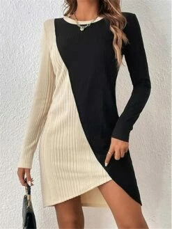 Women's Sweater Dress Casual Dress Winter Dress Mini Dress Patchwork Ribbed Daily Date Going Out Fashion Streetwear Crew Neck Long Sleeve 2023 Loose Fit Khaki Color S M L XL XXL Size