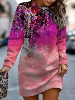 Women's Casual Dress Sweatshirt Dress Winter Dress Floral Print Crew Neck Mini Dress Fashion Streetwear Outdoor Daily Long Sleeve Loose Fit Yellow Pink Green Fall Winter S M L XL XXL -LIGHTINTHEBOX Shop awialq1693907114945