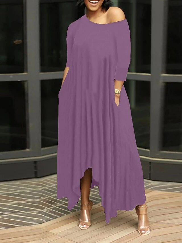 Women's Work Dress Black Dress White Dress Fashion Long Dress Maxi Dress Ruched Pocket One Shoulder 3/4 Length Sleeve Plain Regular Fit Black White Pink Fall S M L XL XXL 13 Women's Work Dress Black Dress White Dress Fashion Long Dress Maxi Dress Ruched Pocket One Shoulder 3/4 Length Sleeve Plain Regular Fit Black White Pink Fall S M L XL XXL - Image 11