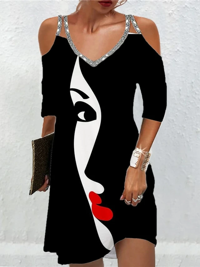 Women's Casual Dress Mini Dress Black 3/4 Length Sleeve Abstract Sequins Summer Spring Spaghetti Strap Fashion 2023 S M L XL XXL 3XL 3 Women's Casual Dress Mini Dress Black 3/4 Length Sleeve Abstract Sequins Summer Spring Spaghetti Strap Fashion 2023 S M L XL XXL 3XL