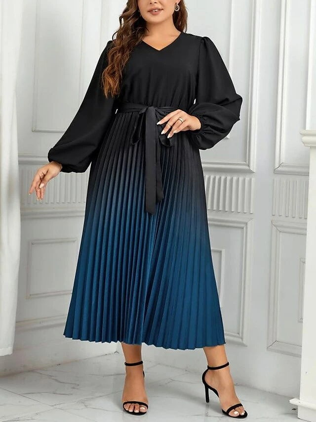 Women's Plus Size Curve Party Dress Casual Dress Sheath Dress Gradient Midi Dress Long Sleeve Lace Up Pleated V Neck Fashion Party Deep Blue Fall Winter XL XXL 3XL 4XL 3 Women's Plus Size Curve Party Dress Casual Dress Sheath Dress Gradient Midi Dress Long Sleeve Lace Up Pleated V Neck Fashion Party Deep Blue Fall Winter XL XXL 3XL 4XL