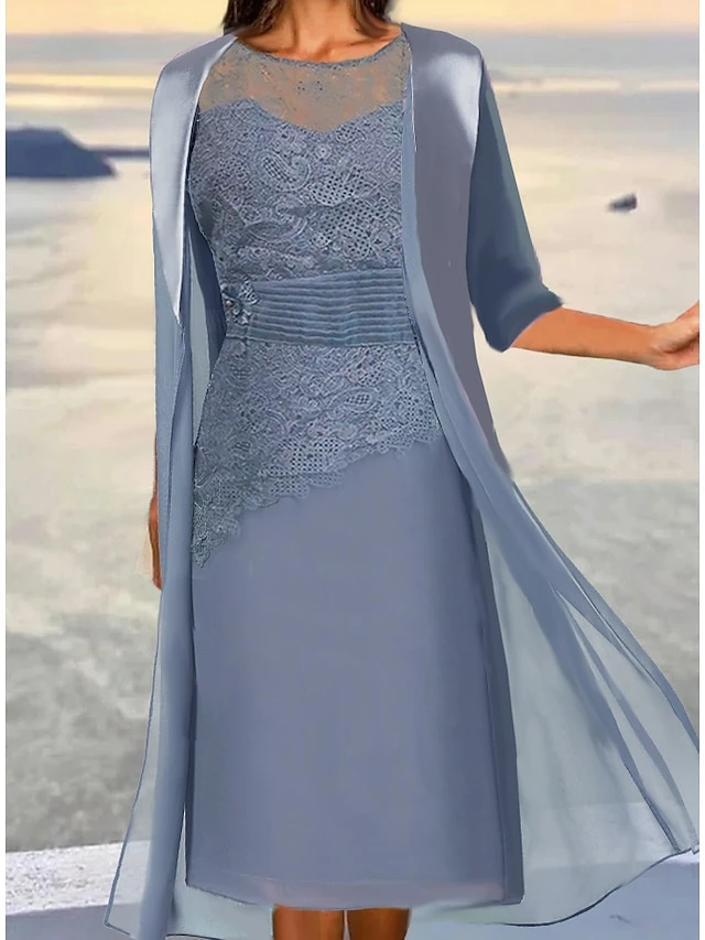 Women's Lace Dress Dress Set Two Piece Dress Midi Dress Dusty Blue Green 3/4 Length Sleeve Pure Color Lace Up Summer Spring Fall Crew Neck Elegant Party Wedding Guest 2023 S M L XL 2XL 3XL 3 Women's Lace Dress Dress Set Two Piece Dress Midi Dress Dusty Blue Green 3/4 Length Sleeve Pure Color Lace Up Summer Spring Fall Crew Neck Elegant Party Wedding Guest 2023 S M L XL 2XL 3XL