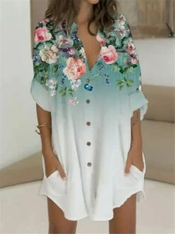 Women's T Shirt Dress Casual Dress Shift Dress Mini Dress Outdoor Daily Vacation Polyester Fashion Casual Stand Collar Button Pocket Long Sleeve Summer Spring Fall 2023 Regular Fit White Blue Green