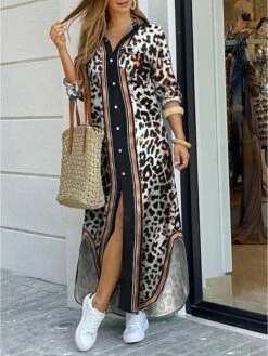 Women's Shirt Dress Long Dress Maxi Dress Black Blue Army Green Long Sleeve Leopard Patchwork Fall Spring Shirt Collar Winter Dress Fall Dress Loose Fit S M L XL XXL