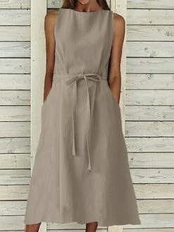 Women's Casual Dress Cotton Linen Dress A Line Dress Midi Dress Cotton And Linen Basic Classic Outdoor Daily Vacation Crew Neck Lace Up Sleeveless Summer Spring 2023 Regular Fit Navy Blue Orange -LIGHTINTHEBOX Shop aynayu1682303577089