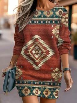 Women's Casual Dress Sweatshirt Dress Mini Dress Warm Fashion Outdoor Vacation Going Out Crew Neck Print Geometric Loose Fit Red Blue Brown S M L XL XXL -LIGHTINTHEBOX Shop azrard1694590965347