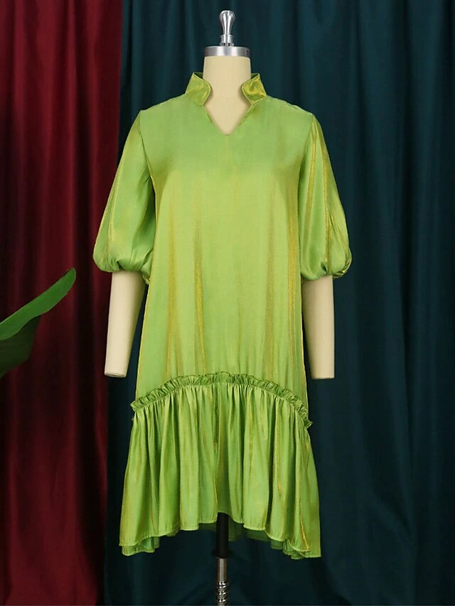 Women's Plus Size Curve Shirt Dress Casual Dress Satin Dress Plain Midi Dress Half Sleeve Ruched Ruffle V Neck Fashion Daily Green Fall Winter XL XXL 3XL 4XL 5 Women's Plus Size Curve Shirt Dress Casual Dress Satin Dress Plain Midi Dress Half Sleeve Ruched Ruffle V Neck Fashion Daily Green Fall Winter XL XXL 3XL 4XL - Image 3