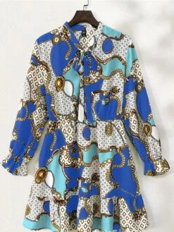 Women's Plus Size Curve Casual Dress Chiffon Dress A Line Dress Geometric Color Block Midi Dress Long Sleeve Lace Up Print Stand Collar Fashion Daily Pink Blue Fall Winter L XL XXL 3XL 4XL -LIGHTINTHEBOX Shop bbgcbf1695025298507