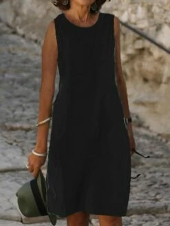 Women's Casual Dress Cotton Dress Shift Dress Midi Dress Cotton Blend Fashion Basic Outdoor Daily Vacation U Neck Pocket Sleeveless Summer Spring Fall 2023 Loose Fit Light Blue Black White Plain S M -LIGHTINTHEBOX Shop bbkbpw1683783829692