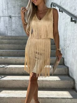 Women's Party Dress Fringe Dress Homecoming Dress Mini Dress Silver Black Gold Sleeveless Pure Color Tassel Fringe Fall Winter Autumn Spaghetti Strap Fashion Vacation 2023 S M L XL -LIGHTINTHEBOX Shop bbkbqg1694166358767