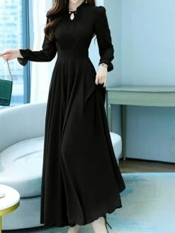 Women's Long Dress Maxi Dress Casual Dress Chiffon Dress Black Dress Plain Streetwear Casual Outdoor Daily Holiday Lace Up Ruched Long Sleeve Crew Neck Dress Regular Fit Black Pink Red Summer Spring -LIGHTINTHEBOX Shop bbmyth1678270480012
