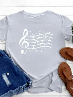 Women's T Shirt Tee 100% Cotton Black White Light Green Music Print Short Sleeve Daily Weekend Basic Round Neck Regular Fit -LIGHTINTHEBOX Shop bbtajy1646893745203