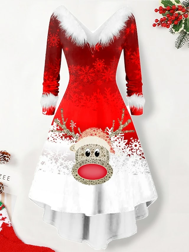 Women's Christmas Swing Dress Vintage Dress Midi Dress Green Silver Wine Red Brown White Long Sleeve Print Plus High Low Print Winter Fall V Neck Vintage Romantic Traditional 2022 S M L XL 2XL 7 Women's Christmas Swing Dress Vintage Dress Midi Dress Green Silver Wine Red Brown White Long Sleeve Print Plus High Low Print Winter Fall V Neck Vintage Romantic Traditional 2022 S M L XL 2XL - Image 5