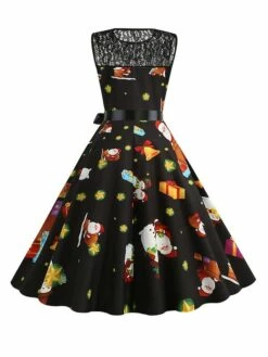 Women‘s Christmas Retro 1950s Vintage Dress Midi Dress Party Patchwork Bow Santa Claus Crew Neck Sleeveless Regular Fit Fall Winter 2023 Black White S M L XL -LIGHTINTHEBOX Shop bceiqr1694501417854