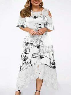 Women‘s Plus Size Curve Holiday Dress Floral Crew Neck Lace Half Sleeve Fall Spring Maxi Long Dress Date Vacation Dress Print
