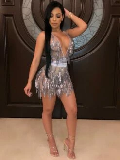 Women's Fringe Dress Sequin Dress Holiday Dress Mini Dress Silver Black Wine Sleeveless Pure Color Sequins Summer Spring Deep V Hot Party Summer Dress 2023 S M L XL -LIGHTINTHEBOX Shop bdpyzm1601012007617