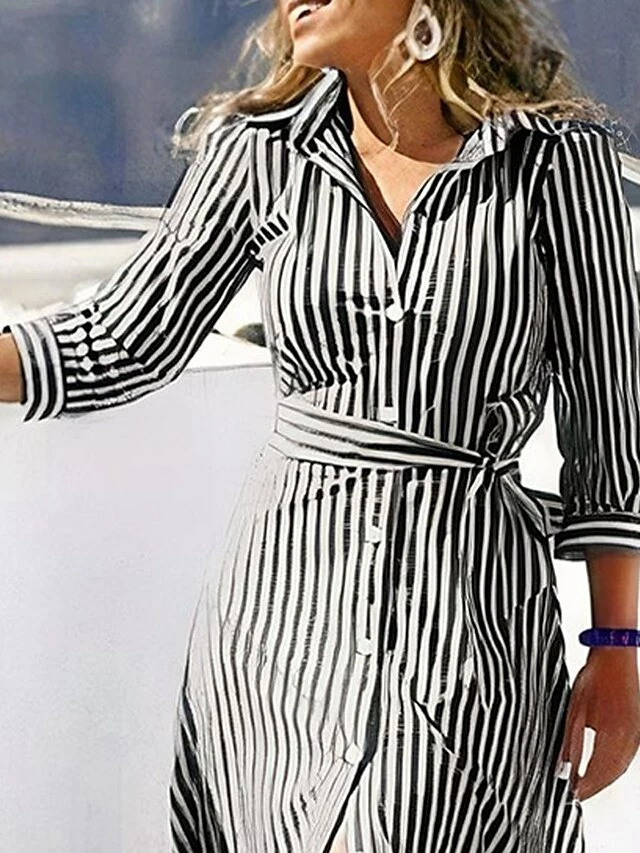 Women's Casual Dress Print Dress Stripe Lace Up Button Shirt Collar Long Dress Maxi Dress Active Fashion Outdoor Work 3/4 Length Sleeve Loose Fit Black Blue Summer Spring S M L XL XXL 4 Women's Casual Dress Print Dress Stripe Lace Up Button Shirt Collar Long Dress Maxi Dress Active Fashion Outdoor Work 3/4 Length Sleeve Loose Fit Black Blue Summer Spring S M L XL XXL - Image 2