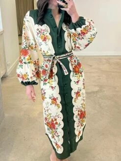 Women's Shirt Dress Casual Dress Maxi Long Dress Outdoor Daily Date Linen Fashion Casual V Neck Lace Up Button Long Sleeve Fall Winter 2023 Regular Fit Apricot Floral S M L XL 2XL