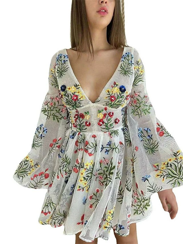 Women's Party Dress Homecoming Dress Wedding Guest Dress Mini Dress White Long Sleeve Floral Ruched Summer Spring Fall V Neck Fashion Birthday Wedding Guest Vacation 2023 S M L XL 2XL 5 Women's Party Dress Homecoming Dress Wedding Guest Dress Mini Dress White Long Sleeve Floral Ruched Summer Spring Fall V Neck Fashion Birthday Wedding Guest Vacation 2023 S M L XL 2XL - Image 3