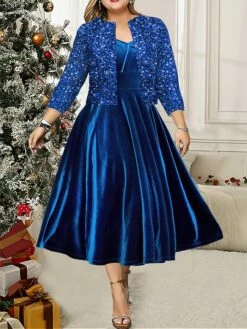 Women's Plus Size Two Piece Dress Set Velvet Dress Party Dress Party Wedding Guest Fashion Elegant Sequin Long Dress Maxi Dress V Neck 3/4 Length Sleeve Plain Regular Fit Blue Fall Winter L XL XXL