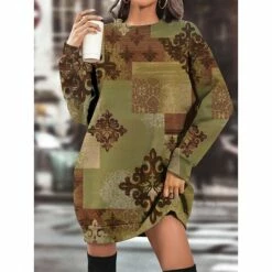 Women's Casual Dress Sweatshirt Dress Winter Dress Floral Geometric Pocket Print Crew Neck Mini Dress Fashion Streetwear Outdoor Daily Long Sleeve Loose Fit Dark Brown Green Khaki Fall Winter S M L -LIGHTINTHEBOX Shop bivhtn1695719141008