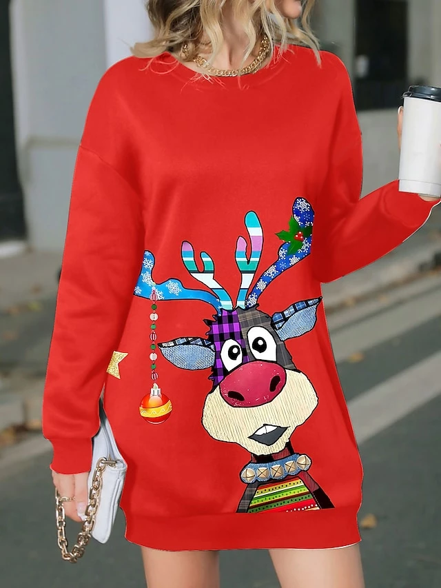 Women's Casual Dress Christmas Dress Sweatshirt Dress Deer Print Crew Neck Mini Dress Fashion Streetwear Outdoor Christmas Long Sleeve Loose Fit Wine Fall Winter S M L XL XXL 3 Women's Casual Dress Christmas Dress Sweatshirt Dress Deer Print Crew Neck Mini Dress Fashion Streetwear Outdoor Christmas Long Sleeve Loose Fit Wine Fall Winter S M L XL XXL