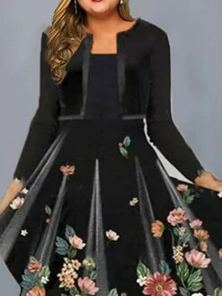 Women‘s Plus Size Curve Work Dress Swing Dress A Line Dress Floral Midi Dress Long Sleeve Fake Two Piece Print Crew Neck Fashion Office Black Fall Spring L XL XXL 3XL -LIGHTINTHEBOX Shop bjiozq1675147628832