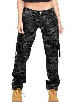 Women‘s Cargo Camo camouflage Pants Trousers Full Length Pocket Mid Waist Sports Black Blue XS S Spring, Fall, Winter, Summer All Seasons