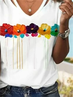 Women's T Shirt Tee Black White Blue Floral Cut Out Print Short Sleeve Holiday Weekend Basic V Neck Regular Fit Floral Painting -LIGHTINTHEBOX Shop blfuup1686305138515