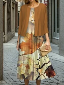 Women's Two Piece Dress Set Casual Dress Swing Dress Outdoor Office Fashion Streetwear Print Midi Dress Crew Neck 3/4 Length Sleeve Leaf Regular Fit Navy Blue Brown Khaki Fall Winter S M L XL XXL
