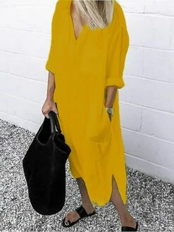 Women‘s Casual Dress Cotton Dress Shirt Dress Swing Dress Midi Dress Blue Yellow Red Long Sleeve Pure Color Pocket Summer Fall Spring Shirt Collar Basic Daily Weekend Loose Fit 2023 S M L XL XXL 3XL -LIGHTINTHEBOX Shop bliqyx1660214016055