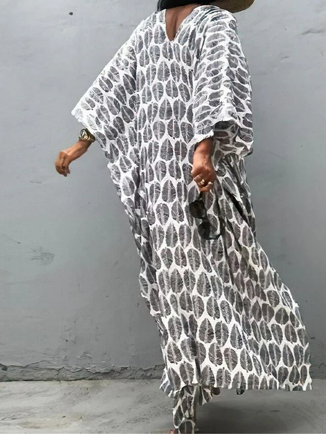 Women's Casual Dress Cotton Linen Dress A Line Dress Maxi Long Dress Polyester Fashion Casual Outdoor Daily Vacation V Neck Print 3/4 Length Sleeve Spring Fall Winter 2023 Loose Fit White Leaf 5 Women's Casual Dress Cotton Linen Dress A Line Dress Maxi Long Dress Polyester Fashion Casual Outdoor Daily Vacation V Neck Print 3/4 Length Sleeve Spring Fall Winter 2023 Loose Fit White Leaf - Image 3