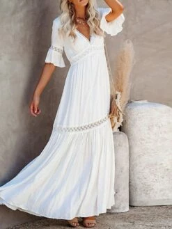 Women's Long Dress Maxi Dress Party Dress Casual Dress Sundress Pure Color Basic Casual Outdoor Daily Vacation Lace Patchwork Half Sleeve V Neck Dress Loose Fit White Summer Spring S M L XL XXL -LIGHTINTHEBOX Shop bmzoid1678701254962