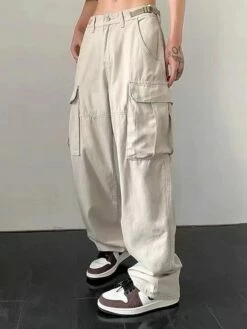 Men‘s Cargo Khaki parachute Pants Trousers Trousers Full Length Faux Linen Baggy Micro-elastic High Waist Sports Chino Casual Daily Black Apricot M L Spring &Fall