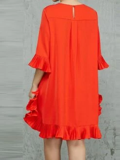 Women's Work Dress Chiffon Dress Semi Formal Dress Fashion Mini Dress Ruffle Crew Neck 3/4 Length Sleeve Plain Slim Red Fall Winter S M L XL -LIGHTINTHEBOX Shop bohmeo1693288207731
