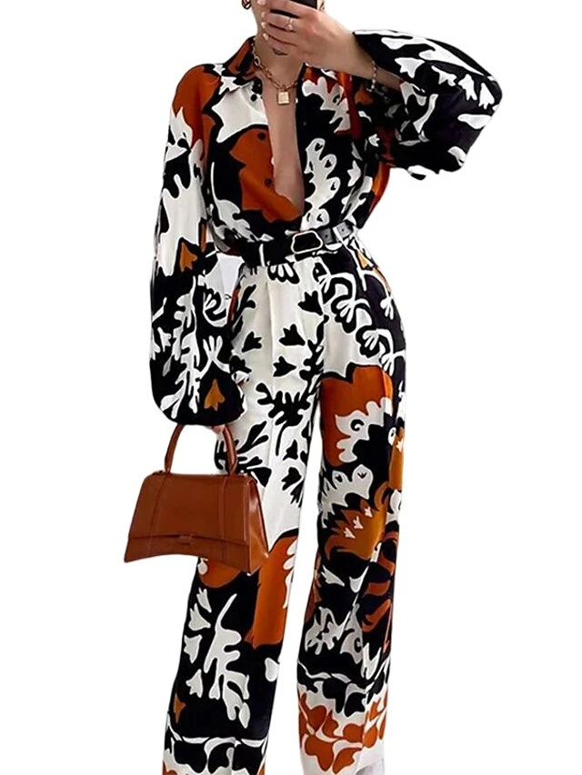 Women's Shirt Pants Sets Brown Plant Print Long Sleeve Casual Holiday Basic Shirt Collar Regular Fit Spring &Fall 7 Women's Shirt Pants Sets Brown Plant Print Long Sleeve Casual Holiday Basic Shirt Collar Regular Fit Spring &Fall - Image 5